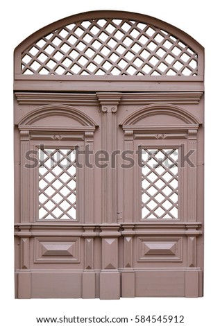 Wooden lattices as decorative elements on big pink wooden gate. Isolated with patch
