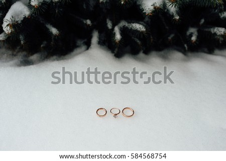 Wedding and engagement rings in gold on the snow