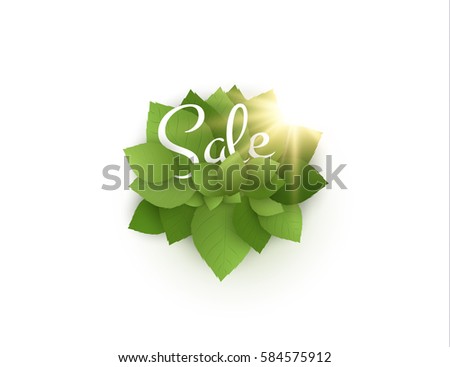 Spring sale vector background with green leaves and bright sun. Vector eps10.