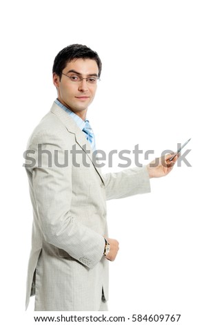 Portrait of happy smiling businessman showing something or copyspace for advertisiment, text or slogan, isolated on white background. Business success concept.