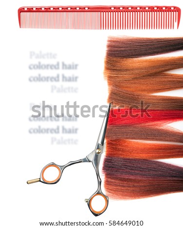 Dyed locks of hair and scissors. Isolated.
