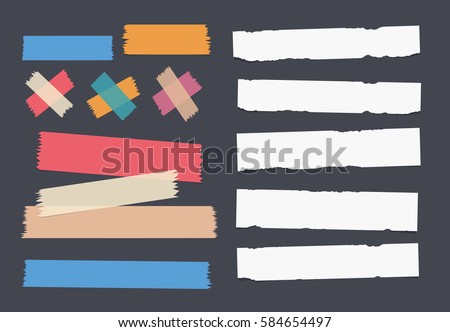 Bright and colorful sticky, adhesive masking tape and white notebook, copybook, note paper strips stuck on dark background Royalty-Free Stock Photo #584654497