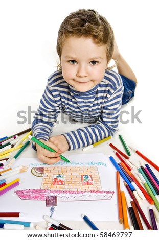 cute boy drawing a house , isolated on white background