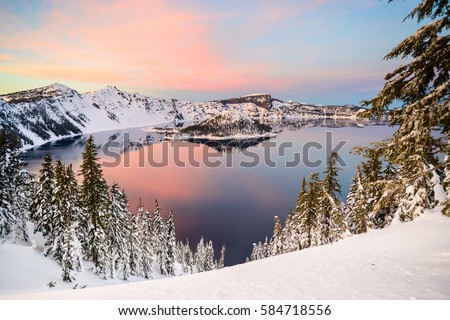 Crater Lake, Oregon at sunset in winter