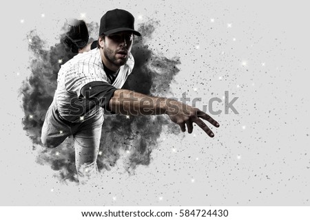 Pitcher Baseball Player with a white uniform coming out of a blast of smoke .