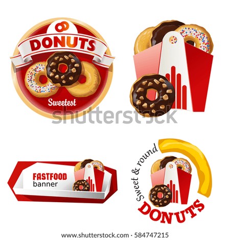 Set beautiful cartoon icons and badges of fast food