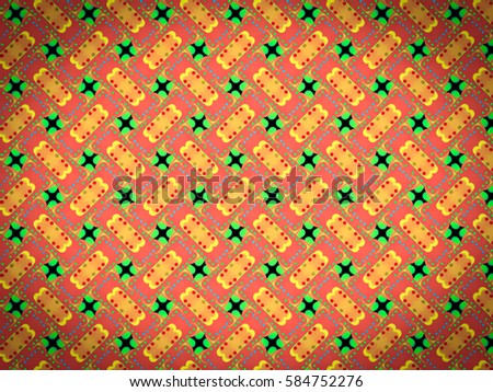 A hand drawing pattern made of orange, yellow, blue and green on a black background.