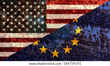 American flag and EU flag rusty metal texture