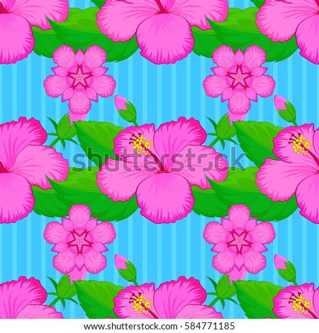 Summer hawaiian seamless pattern with tropical plants and hibiscus flowers vector illustration on blue background.