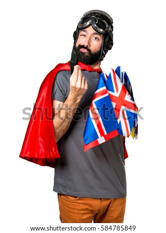 Superhero with a lot of flags making money gesture