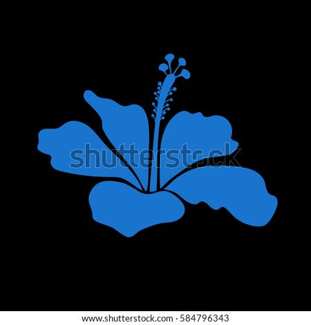 Isolated hibiscus flower in blue on black colors. Hand drawn painting of blue on black single hibiscus flower icon.