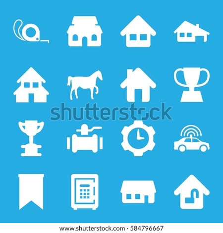 eps icons set. Set of 16 eps filled icons such as police car, tape, pump, safe, home, house building, home lock, trophy, flag, gear clock
