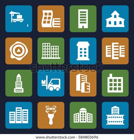distribution icons set. Set of 16 distribution filled icons such as building, modern curved building, building   isolated  sign symbol, business center, arrow up, forklift