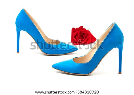 A pair BLUE of  women's heel shoes with red rose isolated on white background and Text SALE written