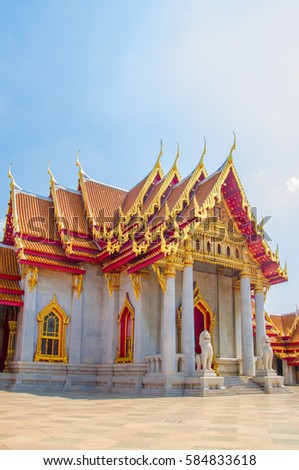 The Marble Temple, Wat Benchamabophit Dusitvanaram with blue sky background , Bangkok THAILAND