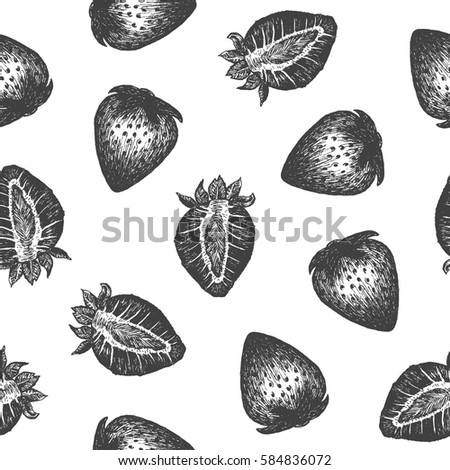 Seamless pattern design or background with strawberry. Hand drawn illustration by ink and pen sketch set. Design for fruit and vegetable products and health care goods.