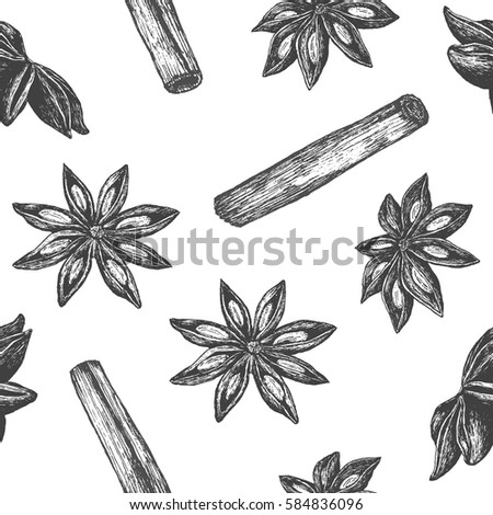 Seamless pattern design or background with cinnamon and anise . Hand drawn illustration by ink and pen sketch set. Design for health care products.
