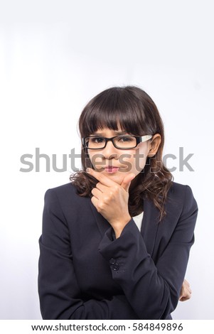 Asian businesswoman present open palm isolated