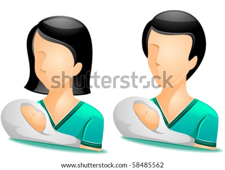 Pediatrician Avatars clad in scrubs cradling a baby wrapped in white cloth - Vector