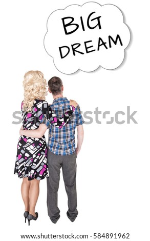Funny retro family couple embracing and looking on dream isolated on white