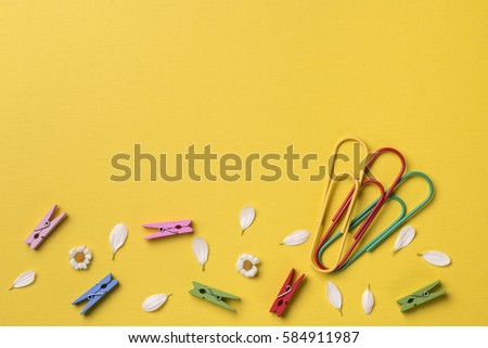 Spring or summer background with copy space for text: chamomiles and petals, many bright multicolored clothespins, big colorful paper clips. Top view. Flat lay.