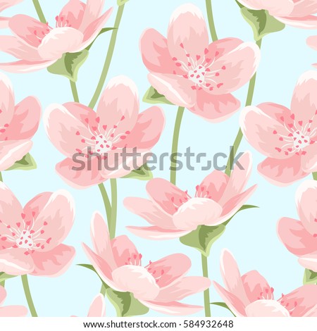 Seamless pattern of blooming spring sakura magnolia cherry blossom flowers. Pink petals, green leaves and stem on light sky blue background. Detailed floral vector design illustration.