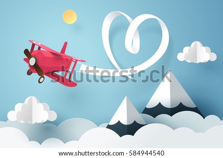 Paper art of ribbon hang with a pink plane flying in the sky, origami and valentines day concept, vector art and illustration. Royalty-Free Stock Photo #584944540