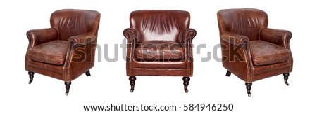 Leather brown chair isolated on white background. View from different sides - front and two side views Royalty-Free Stock Photo #584946250