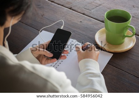 Working creative table and hot green tea drinking, stock photo