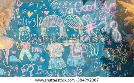 School kids, education doodles hand drawning on green chalkboard