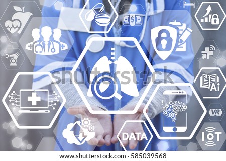 Lungs diagnosis illness health care medicine IT integration concept. Modern x-ray diagnostic human healthy technology. MRI, automation search ill, robotic, computing integrated. Lung magnifier icon.