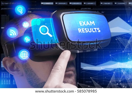 Business, Technology, Internet and network concept. Young businessman working in virtual reality glasses sees the inscription: Exam results
