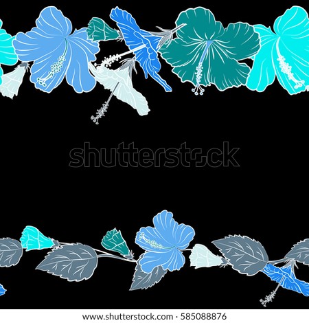 Horizontal seamless pattern with tropical flowers in watercolor style with copy space (place for your text). Hibiscus flowers in blue colors on a black background.