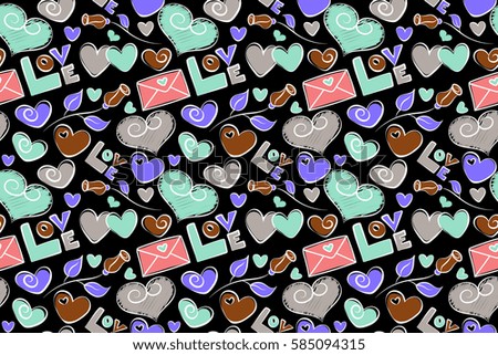 Hand drawn texture in gray, violet and pink colors on black background. Raster seamless pattern. Valentines day hearts, love text, love letter and flower.