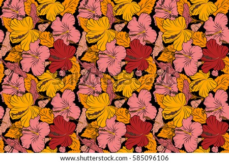 Raster hibiscus flowers and buds retro seamless pattern illustration in yellow, red and pink colors on black background.