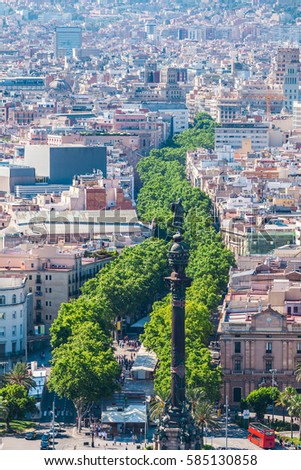 La Rambla in Barcelona against the backdrop of the city panorama, Spain. Aerial view