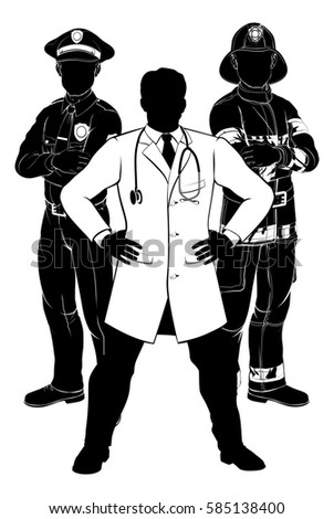 Silhouette police man, fireman and doctor emergency rescue services worker team silhouettes