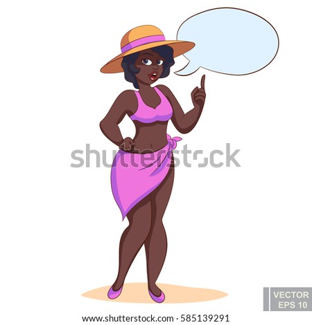 Cute plump girl in a swimsuit and hat with text bubble. clip-art cartoon vector illustration eps10.