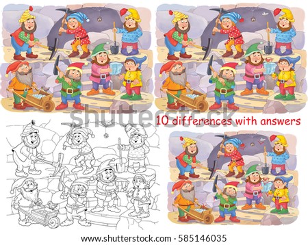 Snow White and the seven dwarfs. Fairy tale. Coloring page. Educational book. Ten differences. Illustration for children. Funny cartoon characters.