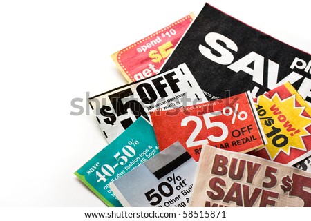Save money. Colorful coupons on white background. Royalty-Free Stock Photo #58515871