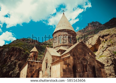 Photo of the Geghardavank or Geghard monastic complex is Orthodox Christian monastery located in Kotayk Province, Armenia. Armenian architecture. Pilgrimage place. Religion background. Travel concept