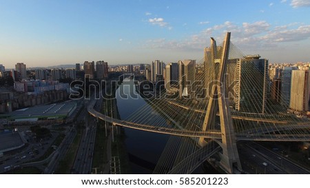 Aerial Shot of the Ponte Estaiada and Skyscrapers in Sao Paulo, Brazil  Royalty-Free Stock Photo #585201223