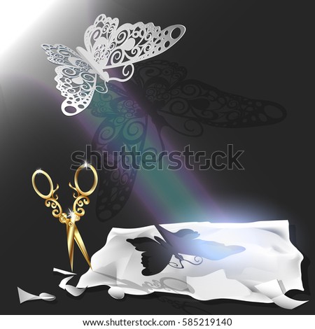 Cutting of paper flying butterfly. vector illustration, origami crafts. Screen background. Black