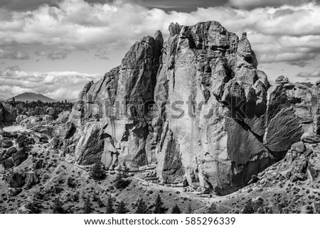 Lonely tree growing between rocks.The sheer rock walls.  Beautiful landscape of the sharp cliffs. Smith Rock state park, Oregon