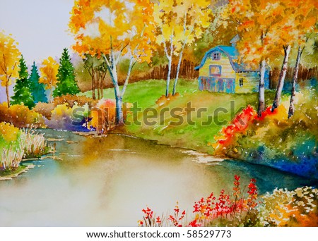 An autumn landscape featuring an old barn, near a quiet pond.  An original watercolor painting.