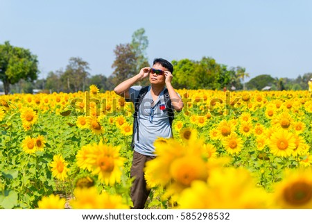 Asian tourists in a field of sunflowers.Asian man is travel in to Sunflower field.