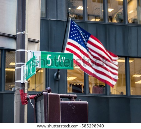 Street sign of Fifth Ave with American Flag as background - New 