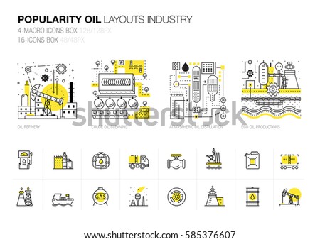 Oil popularity modern layouts global industry in new flat line style. Gas station technology and petroleum systems development. Infographics strategy program. Pictogram for design. Royalty-Free Stock Photo #585376607