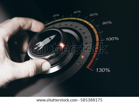 Hand turning a button with a rocket icon to the maximum acceleration. Concept of career acceleration. Composite between an image and a 3D background. Royalty-Free Stock Photo #585388175