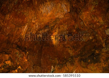 View of the stalactites and stalagmites in underground Damlatas Cave. Alanya. Turkey. Natural texture background.